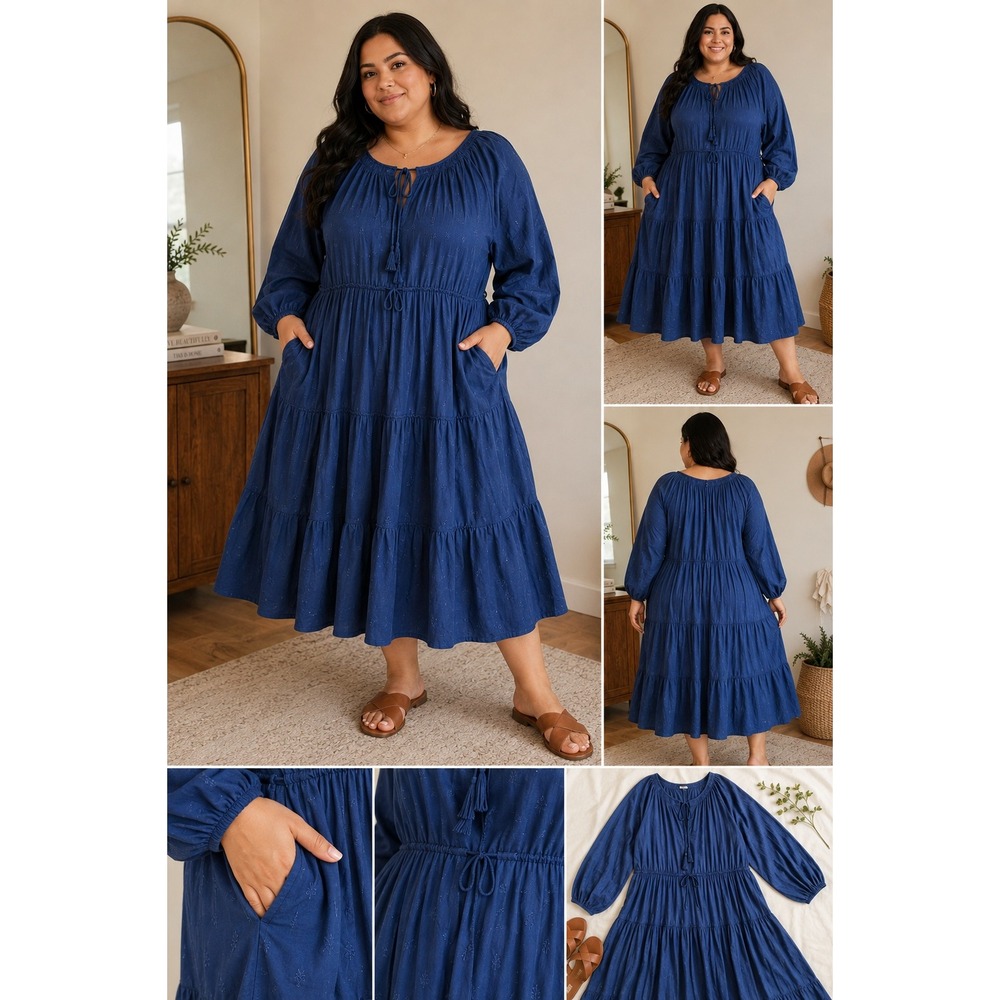 Blue Embroidered Tiered Peasant Midi Dress Plus 4X Long Sleeve Boho Cottagecore